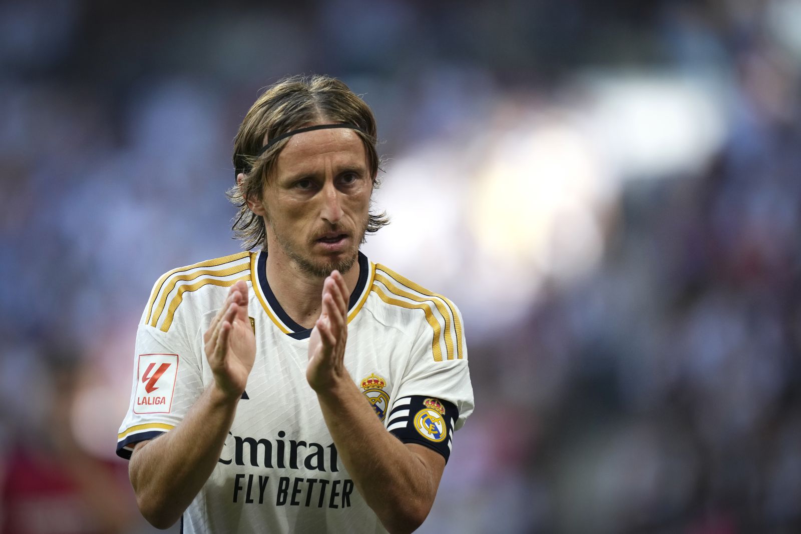Real Madrid's Luka Modric reacts during the Spanish La Liga soccer match between Real Madrid and Osasuna at the Santiago Bernabéu stadium in Madrid, Spain, Saturday, Oct. 7, 2023. (AP Photo/Jose Breton)
