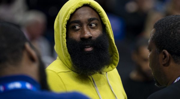 Philadelphia 76ers' James Harden looks on during the second half of an NBA basketball game against the Portland Trail Blazers, Sunday, Oct. 29, 2023, in Philadelphia. (AP Photo/Chris Szagola)