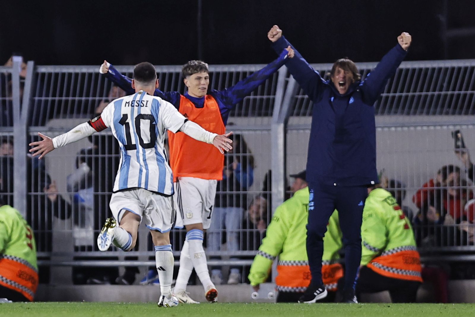 epa10847378 Lionel Messi of Argentina celebrates after scoring during the FIFA 2026 World Cup Conmebol qualifier soccer match between between Argentina and Ecuador at Mas Monumental stadium in Buenos Aires, Argentina, 07 September 2023.  EPA/Juan Ignacio Roncoroni