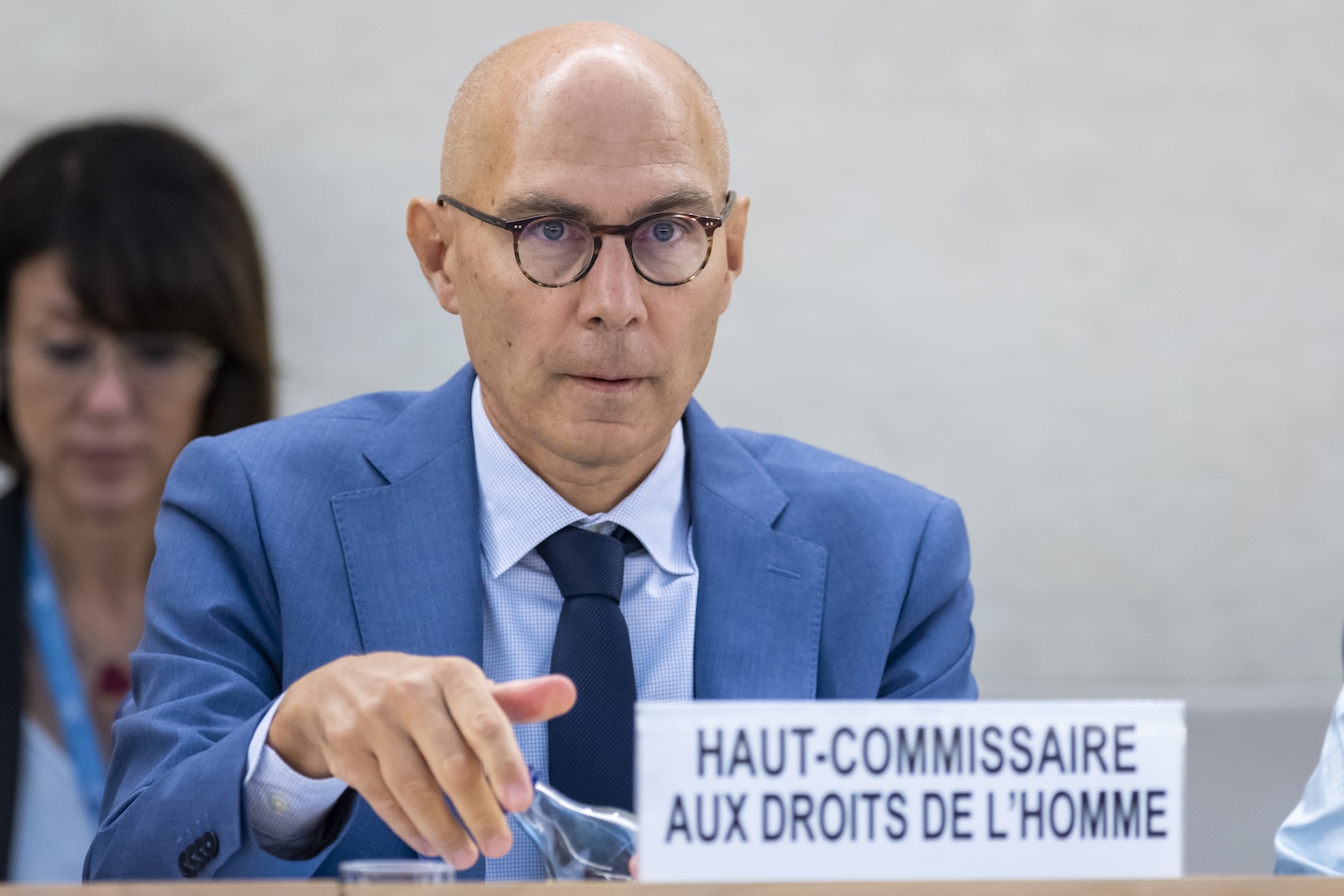 epa10858144 U.N. High Commissioner for Human Rights Volker Turk listens to a speech during the 54th session of the Human Rights Council, at the European headquarters of the United Nations in Geneva, Switzerland, 13 September 2023.  EPA/MARTIAL TREZZINI