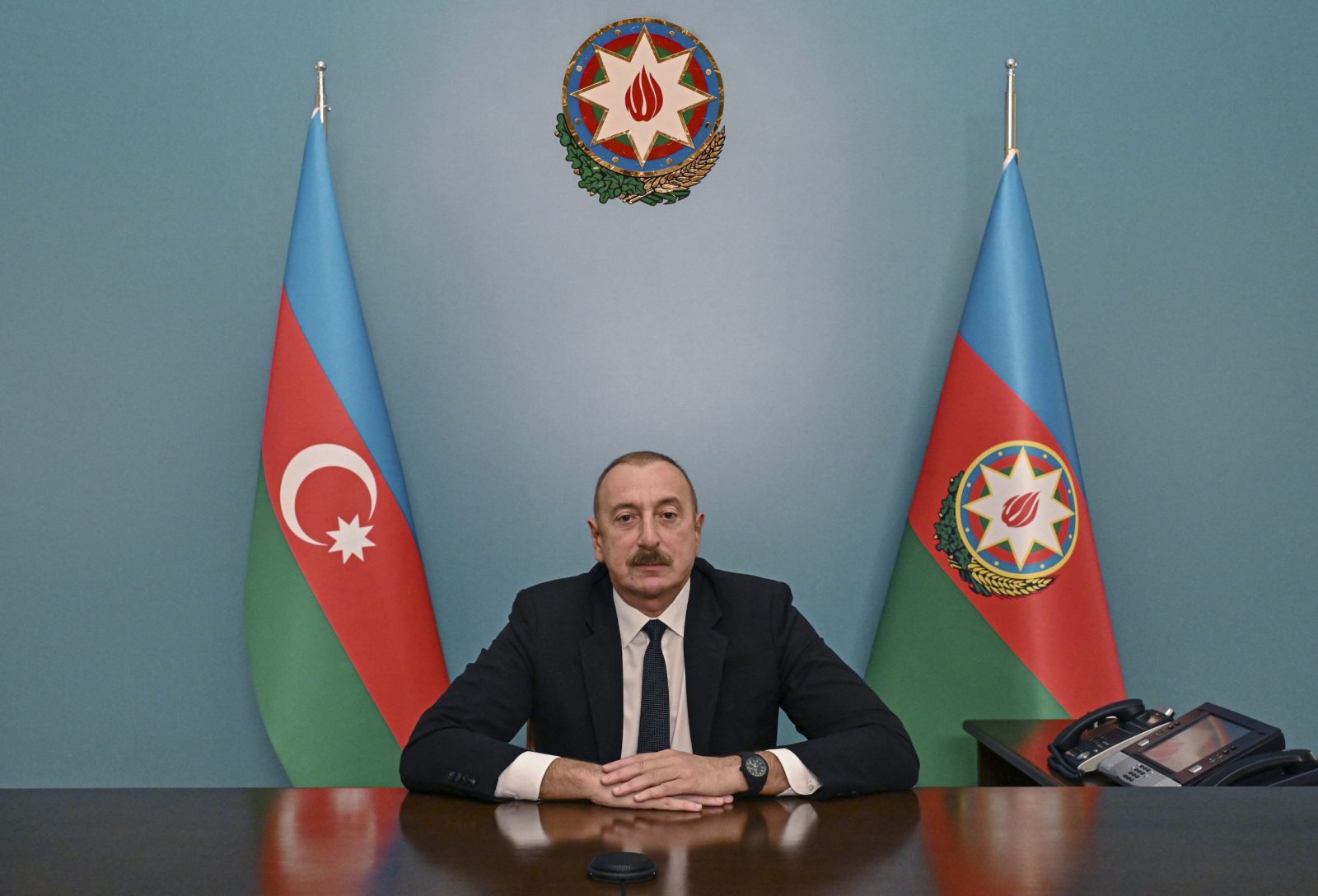 epaselect epa10872735 Azerbaijani President Ilham Aliyev delivers his speech to Azeri people following the Azeri military operation in Nagorno-Karabakh, in Baku, Azerbaijan, 20 September 2023. Aliyev said that as a result of ‘local anti-terrorist measures’ in the Karabakh region of the country, Azerbaijan has restored its sovereignty. The President of Azerbaijan added that ‘a significant part of the army, which was illegally stationed by the Armenian state on Azerbaijani territories and had not yet been withdrawn despite the obligations of Armenia, was destroyed’ along with military equipment.  EPA/ROMAN ISMAYILOV