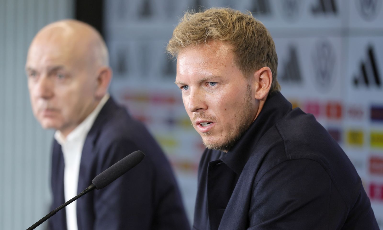 epa10876434 The new German national soccer team's head coach Julian Nagelsmann attends a press conference in Frankfurt am Main, Germany, 22 September 2023. Julian Nagelsmann will take over as head coach of the German national soccer team until the end of the UEFA Euro 2024, the German Football Association (DFB) confirmed.  EPA/RONALD WITTEK