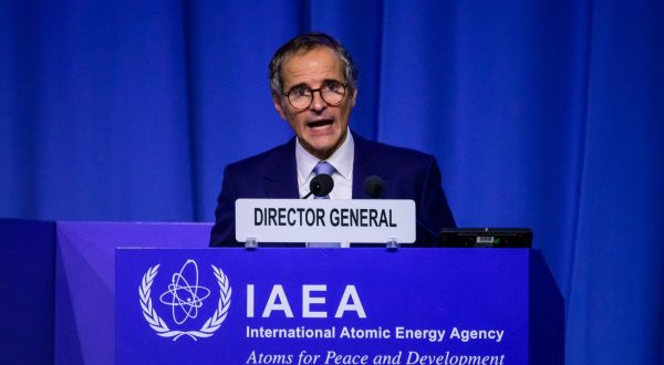 epa10882314 IAEA Director General Rafael Mariano Grossi delivers a speech during the 67th International Atomic Energy Agency (IAEA) General Conference at the IAEA headquarters of the UN seat in Vienna, Austria, 25 September 2023. The 67th Regular Session of the IAEA General Conference in Vienna runs from 25 to 29 September 2023.  EPA/CHRISTIAN BRUNA