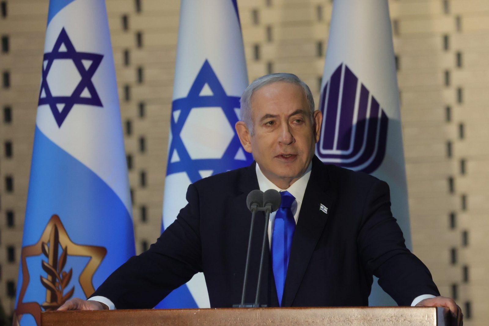 epa10883455 Israeli Prime Minister Benjamin Netanyahu addressing a state memorial ceremony for fallen Israeli soldiers and the 50th anniversary of Yom Kippur war (1973 war) in the hall of remembrance of Mount Herzl military cemetery in Jerusalem, Israel, 26 September 2023, as Israel marks the 50th anniversary of the Yom Kippur War also known as 1973 Arab–Israeli War. The war began on 6 October 1973 on the Jewish holiday of Yom Kippur when the armies of Syria in the north and Egypt in the south launched an surprise attack against Israel. The war ended 25 October 1973, and is considering to be the deadliest war in Israeli history with 2,689 Israeli soldiers killed.  EPA/ABIR SULTAN