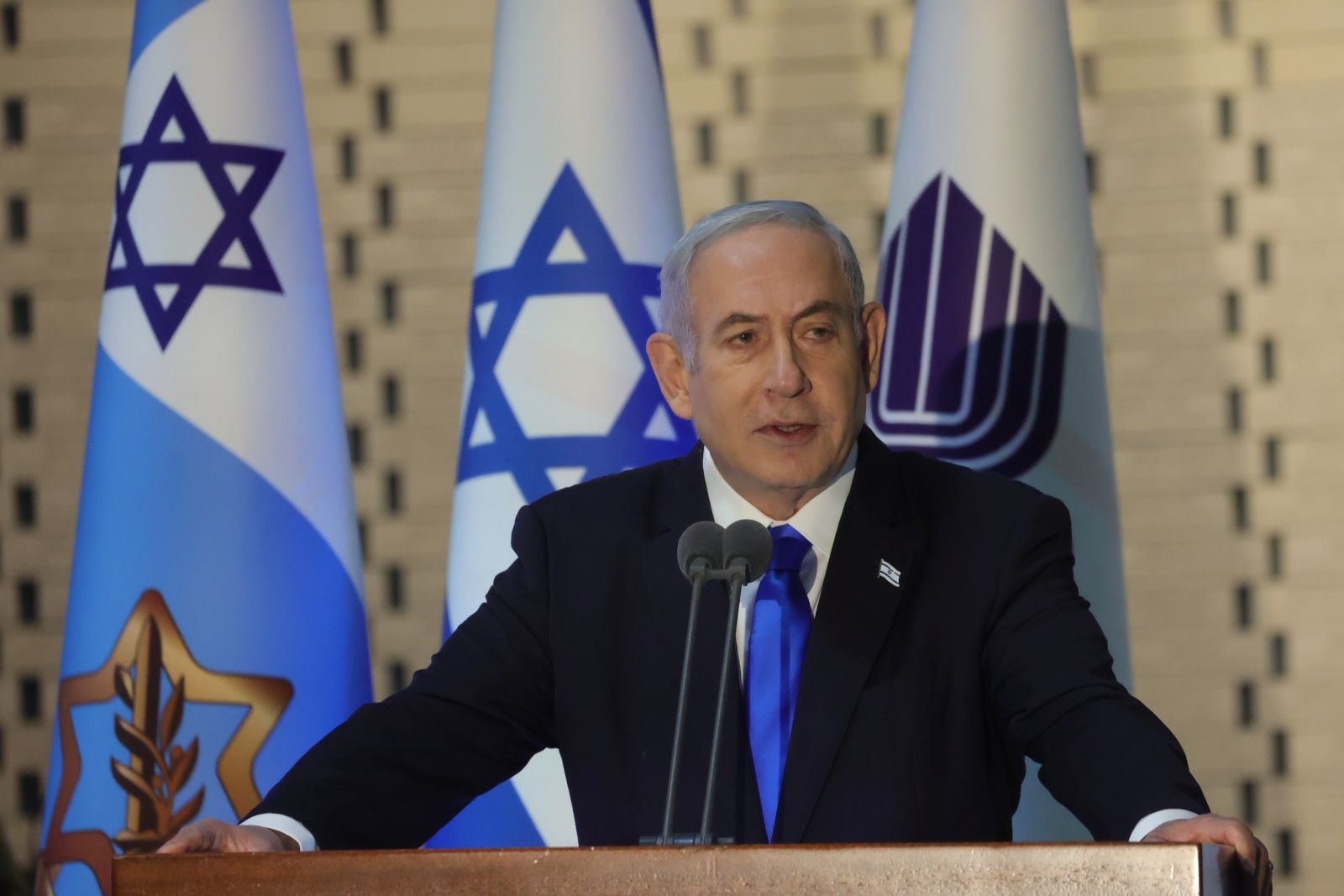 epa10883455 Israeli Prime Minister Benjamin Netanyahu addressing a state memorial ceremony for fallen Israeli soldiers and the 50th anniversary of Yom Kippur war (1973 war) in the hall of remembrance of Mount Herzl military cemetery in Jerusalem, Israel, 26 September 2023, as Israel marks the 50th anniversary of the Yom Kippur War also known as 1973 Arab–Israeli War. The war began on 6 October 1973 on the Jewish holiday of Yom Kippur when the armies of Syria in the north and Egypt in the south launched an surprise attack against Israel. The war ended 25 October 1973, and is considering to be the deadliest war in Israeli history with 2,689 Israeli soldiers killed.  EPA/ABIR SULTAN