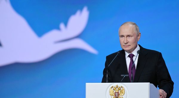 epa10888474 Russian President Vladimir Putin delivers a speech during a concert dedicated to the 100th birth anniversary of Soviet and Russian poet Rasul Gamzatov at the State Kremlin Palace in Moscow, Russia, 28 September 2023. Putin called Gamzatov the brightest star of Russian culture, and his poems a textbook of life.  EPA/ALEKSEY NIKOLSKYI/SPUTNIK/KREMLIN POOL MANDATORY CREDIT