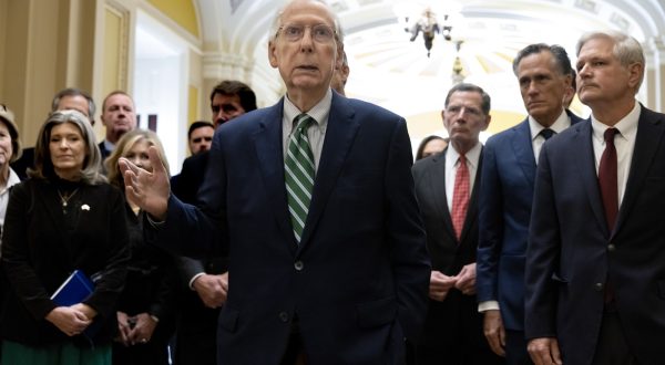 epa10892819 US Senate Minority Leader Mitch McConnell (C) delivers remarks to members of the news media alongside Senate Republicans outside the Senate chamber, on Capitol Hill in Washington, DC, USA, 30 September 2023. Senate Republicans have said they will vote down a Senate version of a stop-gap measure to fund the government in order to then support a different version from the House of Representatives that doesn't include aid to Ukraine. The Senate and House of Representatives are working on a forty-five day stop-gap measure to avert a government shutdown before a 01 October deadline.  EPA/MICHAEL REYNOLDS