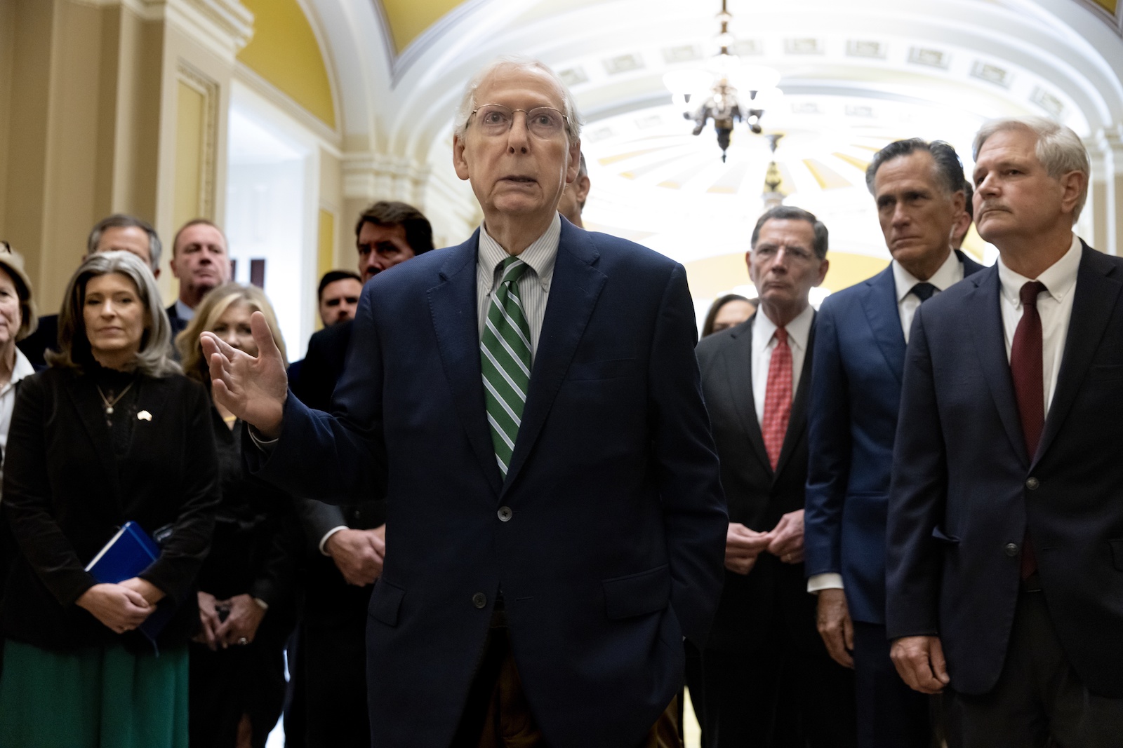 epa10892819 US Senate Minority Leader Mitch McConnell (C) delivers remarks to members of the news media alongside Senate Republicans outside the Senate chamber, on Capitol Hill in Washington, DC, USA, 30 September 2023. Senate Republicans have said they will vote down a Senate version of a stop-gap measure to fund the government in order to then support a different version from the House of Representatives that doesn't include aid to Ukraine. The Senate and House of Representatives are working on a forty-five day stop-gap measure to avert a government shutdown before a 01 October deadline.  EPA/MICHAEL REYNOLDS