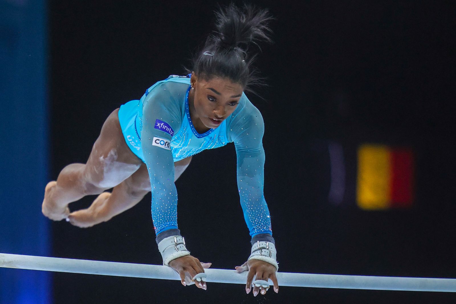 epa10894326 Simone Biles of the US performs during the Uneven Bars competition qualifications of the Artistic Gymnastics World Championships in Antwerp, Belgium, 01 October 2023.  EPA/OLIVIER MATTHYS