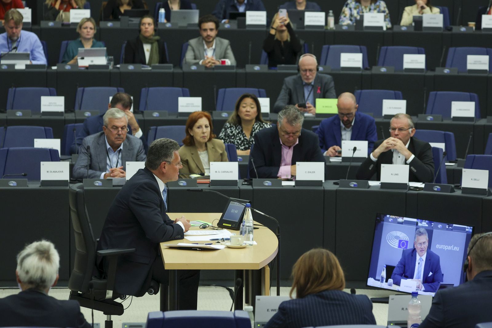 epa10896644 Vice-President of the European Commission for Interinstitutional Relations Maros Sefcovic (C) attends a hearing of the Environment Committee at the European Parliament in Strasbourg, France, 03 October 2023. The European Parliament is in plenary session running from 02 till 05 October.  EPA/JULIEN WARNAND