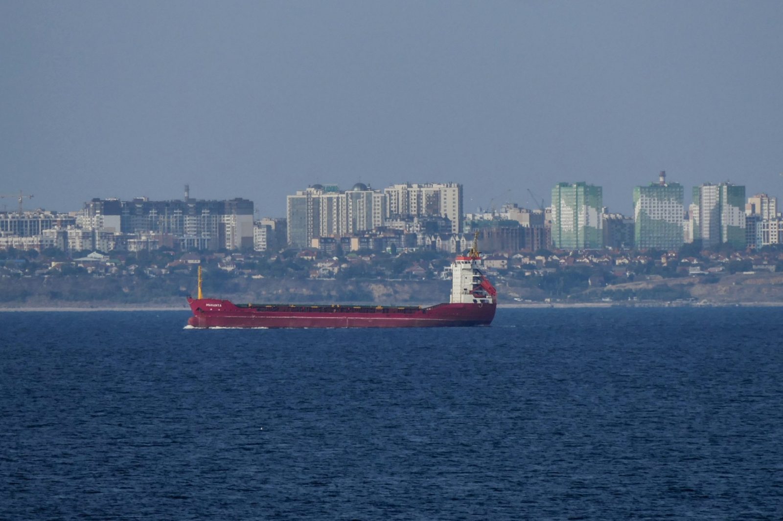epa10897782 The Maranta bulk carrier near the sea port of Odesa, Ukraine, 03 October 2023. The Maranta and Equator bulk carriers have entered the sea port of Odesa, using a temporary corridor for civilian vessels in the Black Sea established by the Ukrainian Navy after Russia's withdrawal from a grain deal.  EPA/IGOR TKACHENKO