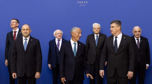 epa10903388 (First-row L-R) President of Bulgaria Rumen Radev, Portuguese President Marcelo Rebelo de Sousa, and President of Croatia Zoran Milanovic. (Second-row L-R) President of Latvia Edgars Rinkevics, President of Ireland Michael D. Higgins, Italian President Sergio Mattarella, and President of Malta George Vella, pose for a family portrait during the 18th Informal Meeting of the Non-Executive Heads of State of the European Union, known as the 'Arraiolos Group', at Palacio do Freixo in Porto, Portugal, 06 October 2023. The Arraiolos Group was established in 2003 in Arraiolos, Portugal. This meeting was attended by presidents from 13 countries; Bulgaria, Italy, Estonia, Ireland, Greece, Croatia, Latvia, Hungary, Poland, Portugal, Finland, Malta, and Slovenia.  EPA/JOSE COELHO