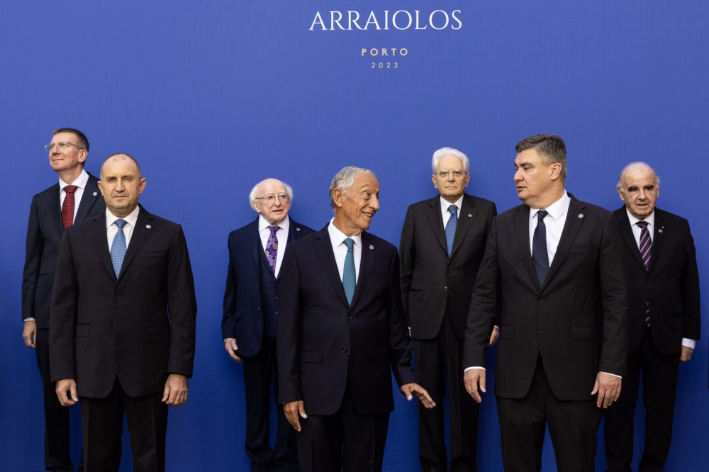 epa10903388 (First-row L-R) President of Bulgaria Rumen Radev, Portuguese President Marcelo Rebelo de Sousa, and President of Croatia Zoran Milanovic. (Second-row L-R) President of Latvia Edgars Rinkevics, President of Ireland Michael D. Higgins, Italian President Sergio Mattarella, and President of Malta George Vella, pose for a family portrait during the 18th Informal Meeting of the Non-Executive Heads of State of the European Union, known as the 'Arraiolos Group', at Palacio do Freixo in Porto, Portugal, 06 October 2023. The Arraiolos Group was established in 2003 in Arraiolos, Portugal. This meeting was attended by presidents from 13 countries; Bulgaria, Italy, Estonia, Ireland, Greece, Croatia, Latvia, Hungary, Poland, Portugal, Finland, Malta, and Slovenia.  EPA/JOSE COELHO
