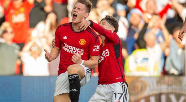 epa10905901 Manchester United's Scott McTominay celebrates after scoring the third goal making the score 2-1during English Premier League match between Manchester United and Brentford in Manchester, Britain, 07 October 2023.  EPA/PETER POWELL EDITORIAL USE ONLY. No use with unauthorized audio, video, data, fixture lists, club/league logos or 'live' services. Online in-match use limited to 120 images, no video emulation. No use in betting, games or single club/league/player publications.