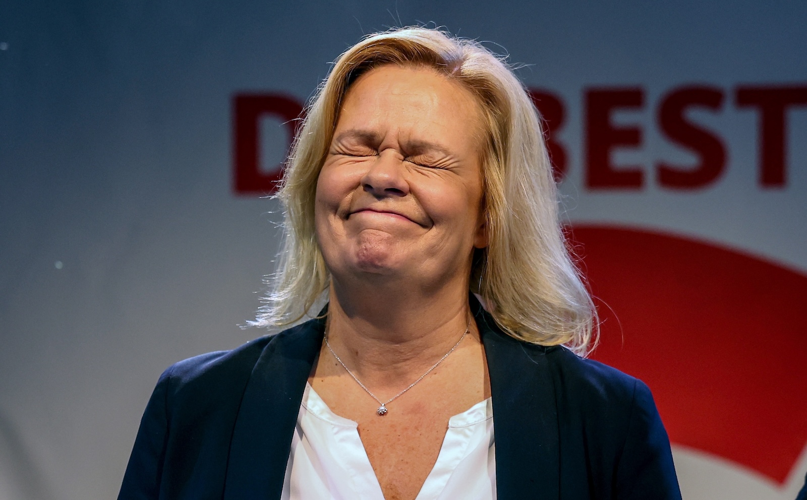 epa10907838 German Federal Interior Minister and top candidate of the Social Democratic Party (SPD), candidate Nancy Faeser delivers a speech during the SPD Hessian state election party in Wiesbaden Germany, 08 October 2023. According to the Statistical Office of Hesse, some 4.3 million people are eligible to vote in the regional elections for a new parliament in the German state of Hesse.  EPA/CHRISTOPHER NEUNDORF
