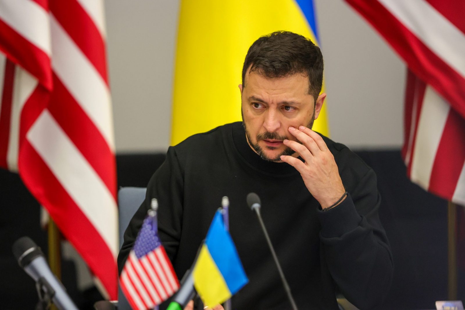 epa10912751 President of Ukraine, Volodymyr Zelensky, attends the Meeting of the Ukraine Defense Contact Group ahead of a two-day NATO Defense Ministers Council at the alliance headquarters in Brussels, Belgium, 11 October 2023.  EPA/OLIVIER MATTHYS / POOL
