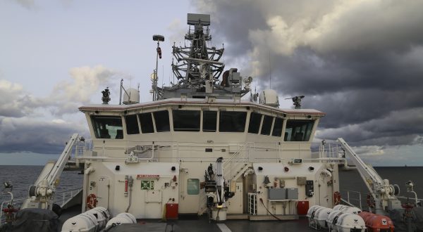 epa10912979 A handout photo made available by the Finnish Border Guard shows patrol ship Turva in the Gulf of Finland on 10 October 2023 (issued 11 October 2023). Finland's government on 10 October 2023 said the damages at an underwater gas pipeline and telecommunications cable between Finland and Estonia were likely a result of outside activity yet still to be investigated further.  EPA/FINNISH BORDER GUARD HANDOUT  HANDOUT EDITORIAL USE ONLY/NO SALES HANDOUT EDITORIAL USE ONLY/NO SALES