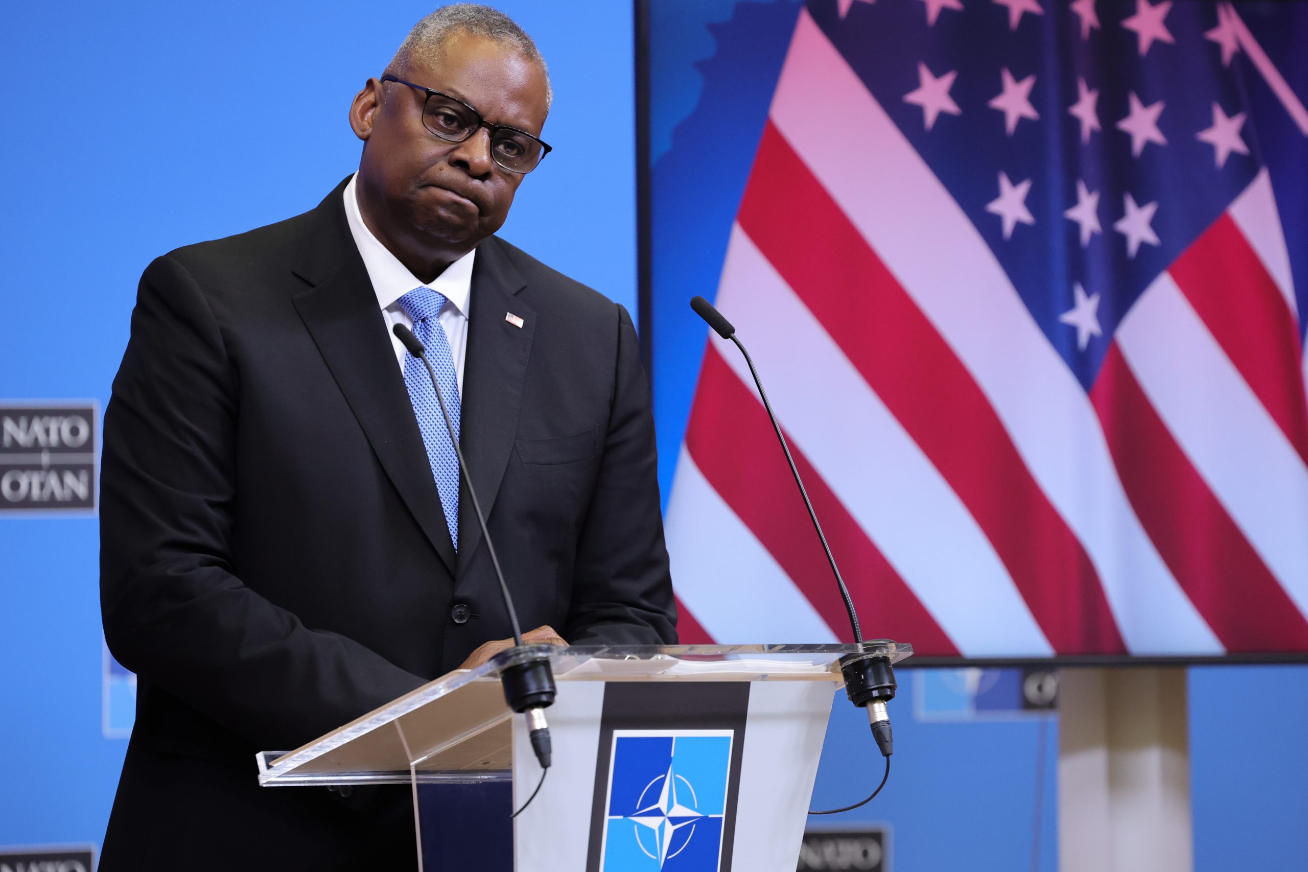 epa10914867 US Secretary of Defense Lloyd J. Austin III speaks to the press after the NATO Defense Ministers Council at the Alliance headquarters in Brussels, Belgium, 12 October 2023. NATO Defense Ministers are meeting in Brussels for two days to discuss support for Ukraine, NATO operations and missions as well as the situation in the Middle East.  EPA/OLIVIER MATTHYS