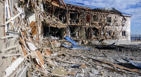 epa10923266 The building of a sailing school, damaged by debris of a downed drone in Odesa, Ukraine, 17 October 2023. Six Shahed attack drones were downed according to the Odesa Obast Military Administration, damaging the sailing school, a hangar and several civilian boats.  EPA/Ihor Tkachenko