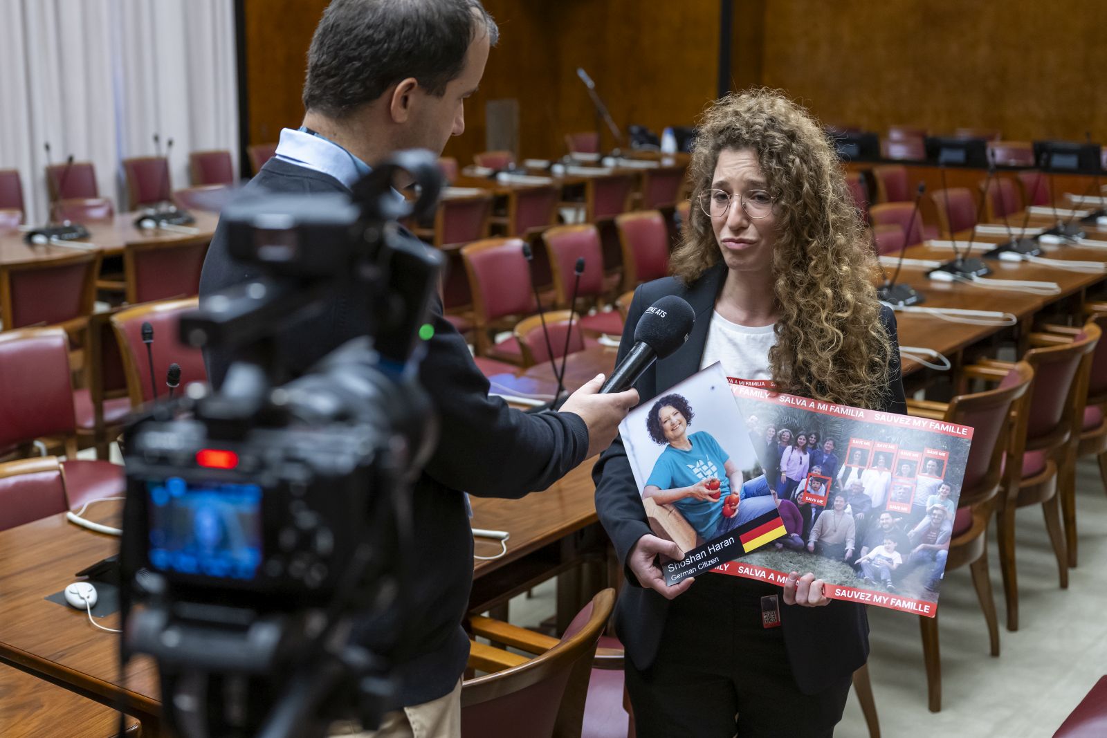 epa10927363 Noam Har Tzvi, a friend of Shoshan Haran who was kidnapped with nine members of her family by Hamas terrorists on 07 October 2023, speaks during an interview, at a press conference called by the Permanent Mission of Israel to the United Nations at the European headquarters of the United Nations in Geneva, Switzerland, 19 October 2023. According to the Israeli Defense Ministry (IDF) on 18 October 2023, the families of 203 people have been notified that they were being held in the Gaza Strip and that this number might change as checks continue to be conducted. Thousands of Israelis and Palestinians have died since the militant group Hamas launched an unprecedented attack on Israel from the Gaza Strip on 07 October 2023, leading to Israeli retaliation strikes on the Palestinian enclave.  EPA/MARTIAL TREZZINI