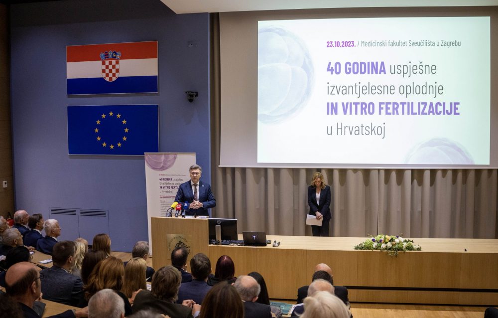 Zagreb, 23.10.2023 - Svečani skup u povodu 40. obljetnice izvantjelesne oplodnje u Hrvatskoj. Na slici Andrej Plenković.
Foto Hina/ Dario GRZELJ/ dag