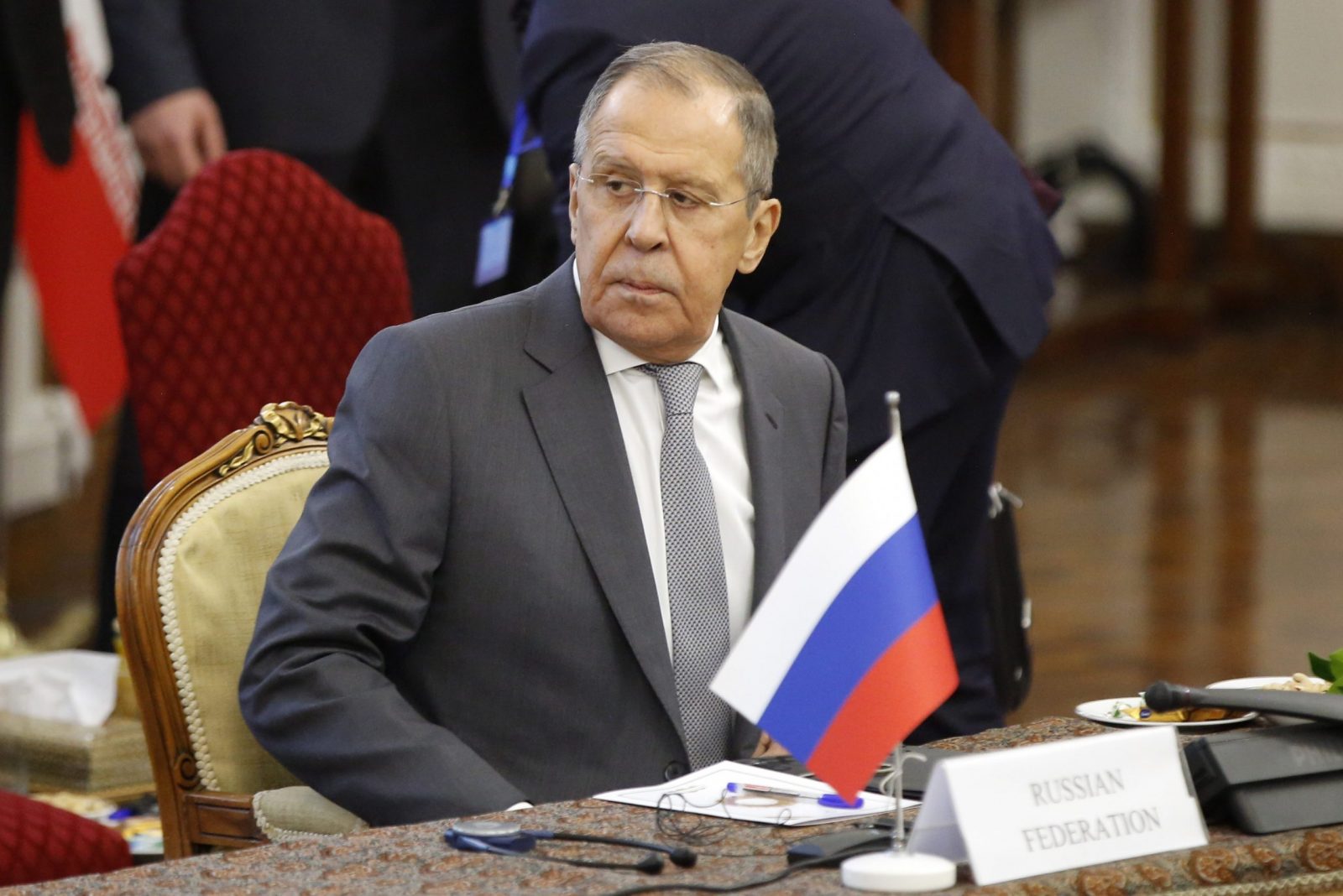 epa10934519 Russia foreign minster Sergei Lavrov during the second regional 3+3 regional meeting in Tehran, Iran, 23 October 2023. Iran holds the meeting aiming to solve tension between Azerbaijan and Armenia.  EPA/ABEDIN TAHERKENAREH