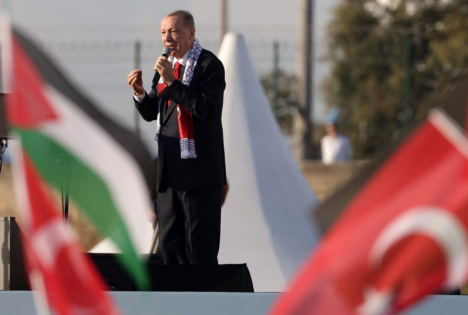 epa10945558 Turkish President Recep Tayyip Erdogan speaks during a pro-Palestinian rally at the Ataturk Airport in Istanbul, Turkey, 28 October 2023. Thousands of Israelis and Palestinians have died since the militant group Hamas launched an unprecedented attack on Israel from the Gaza Strip on 07 October, and the Israeli strikes on the Palestinian enclave which followed it.  EPA/ERDEM SAHIN