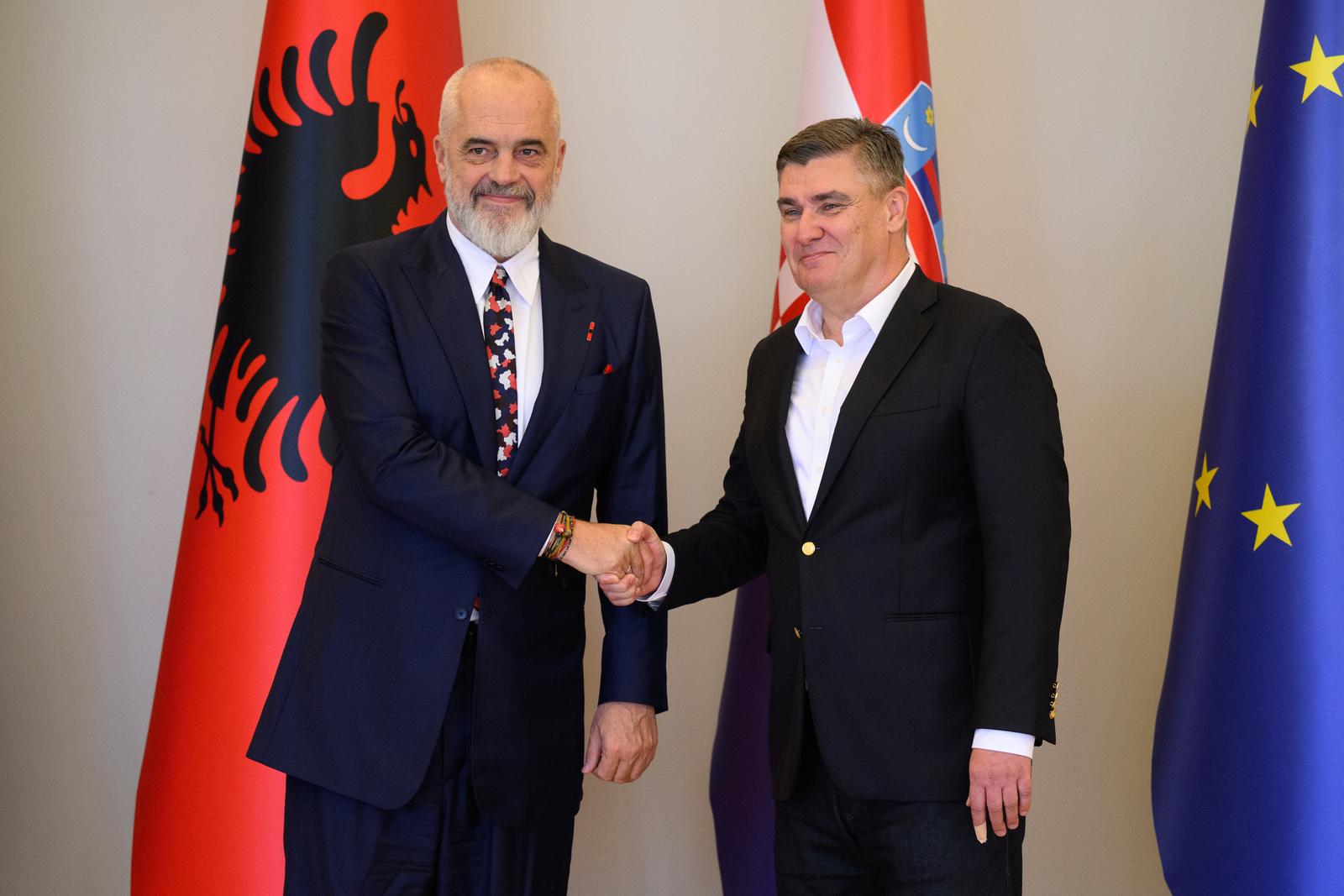 02.10.2023., Zagreb - Predsjednik Republike Zoran Milanovic primio je na Pantovcaku predsjednika Vlade Republike Albanije Edija Ramu koji boravi u sluzbenom posjetu Republici Hrvatskoj. Zoran Milanovic, Edi Rama.
 Photo: Davor Puklavec/PIXSELL