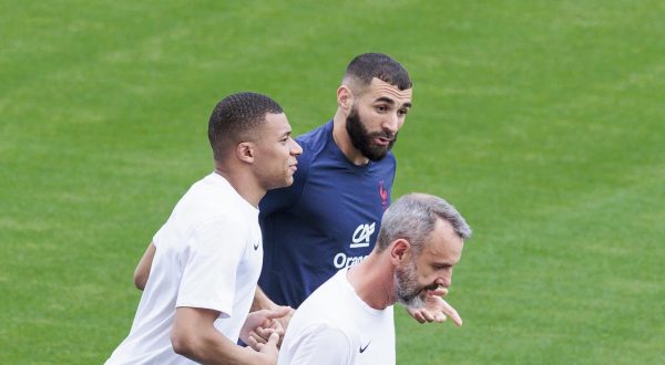 05.06.2022., Split - Trening reprezentacije Francuske na stadionu Poljud uoci utakmice UEFA Liga nacija protiv Hrvatske. 
Kylian Mbappe, Karim Benzema
  Photo: Miroslav Lelas/PIXSELL