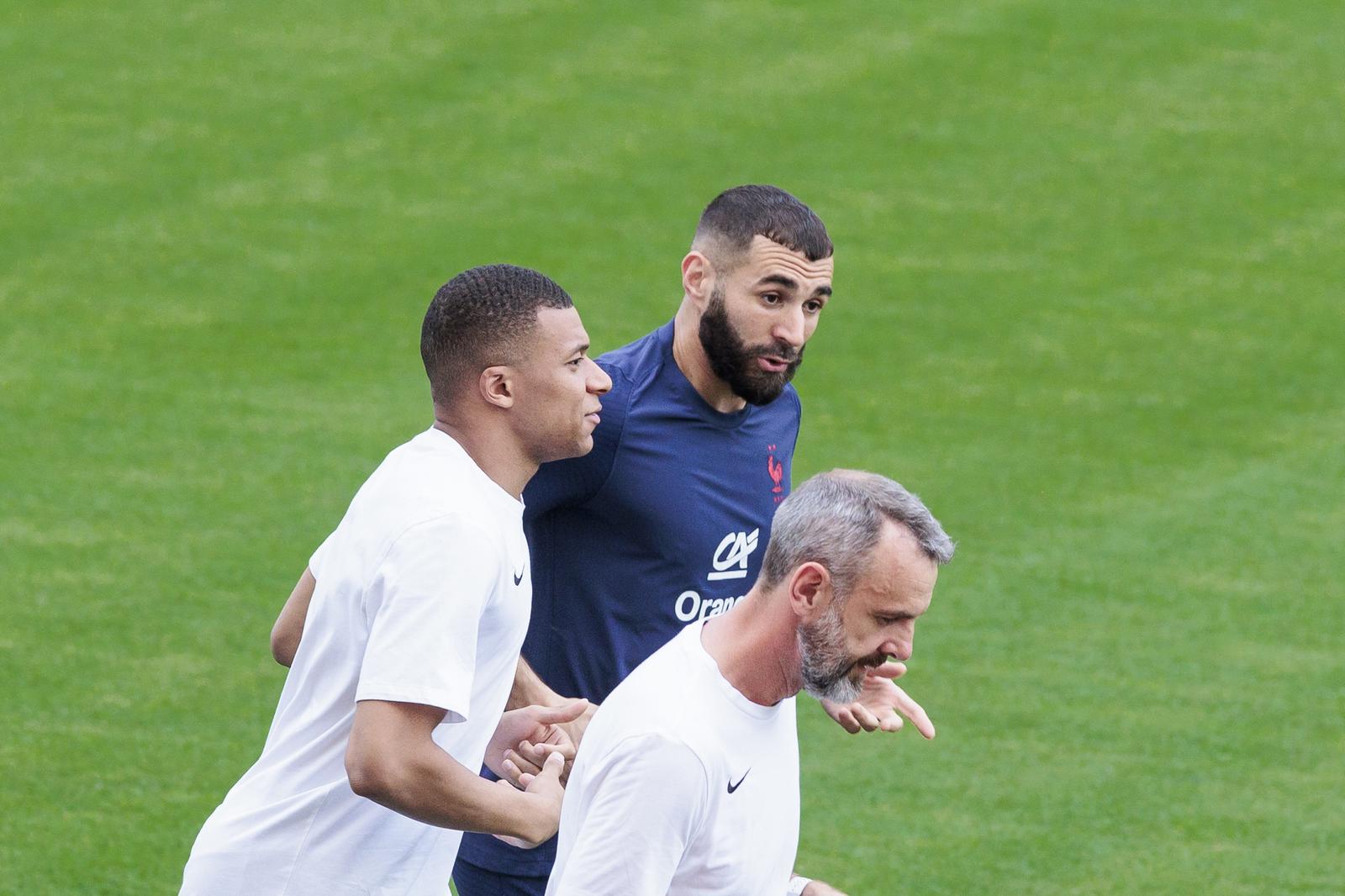 05.06.2022., Split - Trening reprezentacije Francuske na stadionu Poljud uoci utakmice UEFA Liga nacija protiv Hrvatske. 
Kylian Mbappe, Karim Benzema
  Photo: Miroslav Lelas/PIXSELL