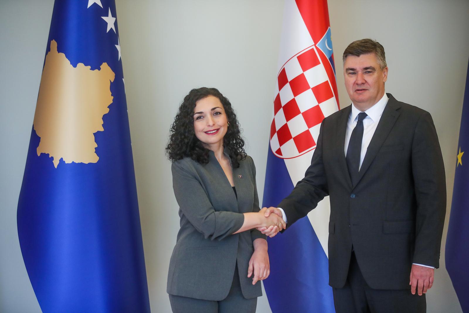 10.10.2023., Zagreb - Predsjednik Zoran Milanovic i supruga Sanja docekali su predsjednicu Republike Kosovo Vjosu Osmani Sadriu i supruga Predsjednice Prindona Sadriua u Uredu predsjednika Republike Hrvatske. Photo: Slavko Midzor/PIXSELL