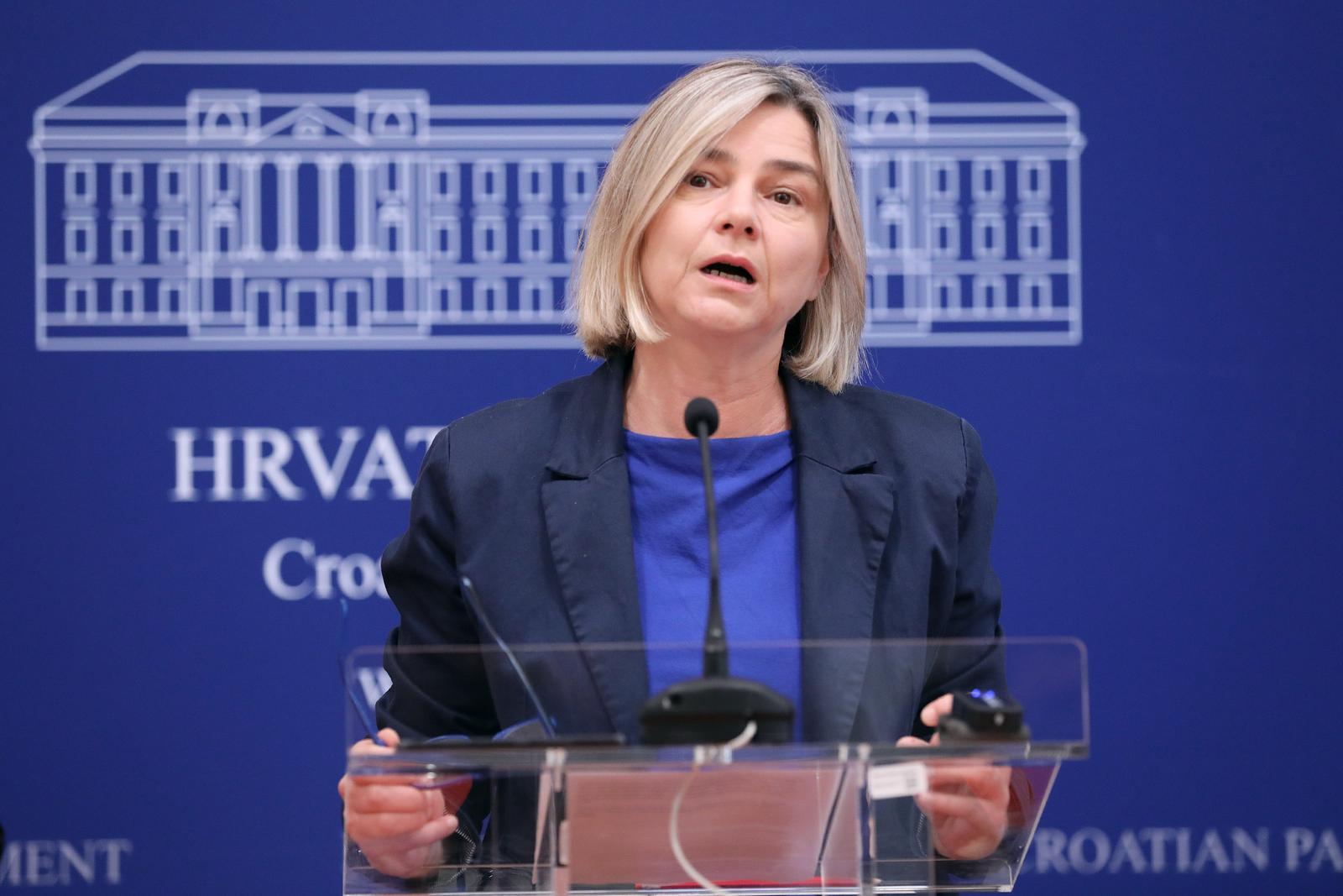 11.10.2023., Zagreb - Na konferenciji za medije odrzanoj u Saboru o temi "Odgovornost za ekoloske katastrofe uzrokovane pozarima kod privatnih oporabitelja" govorila je Sandra Bencic. Photo: Patrik Macek/PIXSELL