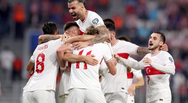 12.10.2023., Opus Arena, Osijek - Kvalifikacije za UEFA Europsko prvenstvo 2024., skupina D, 7. kolo, Hrvatska - Turska. Nogometasi Turske slave pogodak Barisa Alpera Yilmaza za vodstvo 1:0 Photo: Igor Kralj/PIXSELL