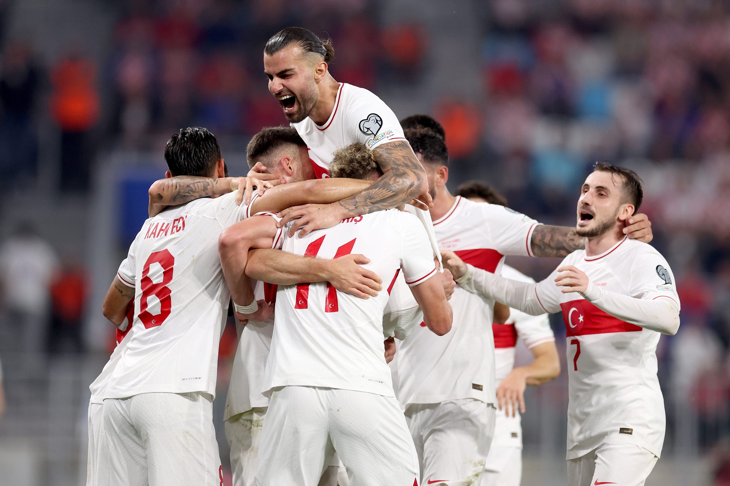12.10.2023., Opus Arena, Osijek - Kvalifikacije za UEFA Europsko prvenstvo 2024., skupina D, 7. kolo, Hrvatska - Turska. Nogometasi Turske slave pogodak Barisa Alpera Yilmaza za vodstvo 1:0 Photo: Igor Kralj/PIXSELL
