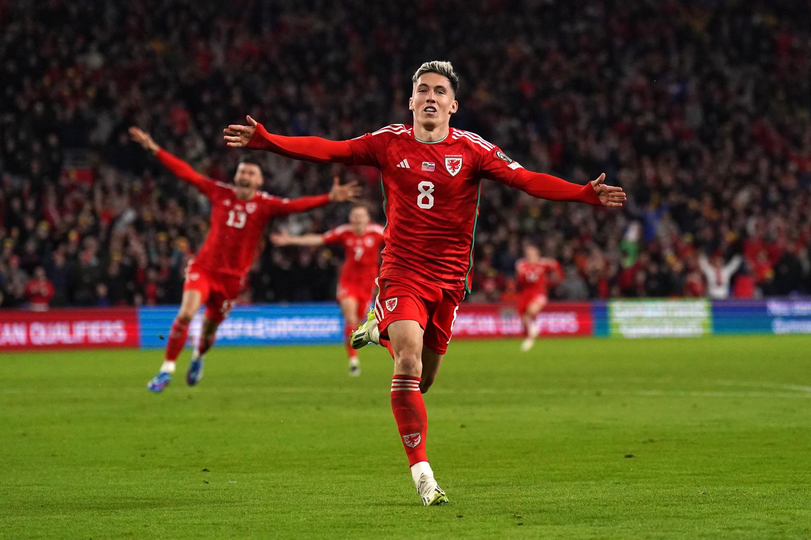 15.10.2023., stadion Cardiff City, Cardiff, Wales - Utakmica skupine D kvalifikacija za UEFA Euro 2024, Wales - Hrvatska, na stadionu Cardiff City u Walesu. Harry Wilson slavi  pogodak za Wales.   Photo: Tim Goode/PIXSELL