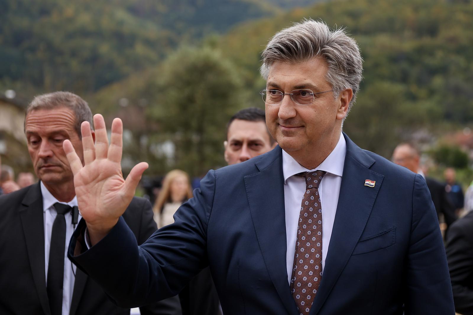 19.10.2023., Fojnica, Bosna i Hercegovina - Premijer Vlade RH Andrej Plenkovic prisustvovao je na svecanosti polaganja kamena temeljca Osnovne skole "Ivana Gorana Kovacica” u Fojnici. Photo: Armin Durgut/PIXSELL