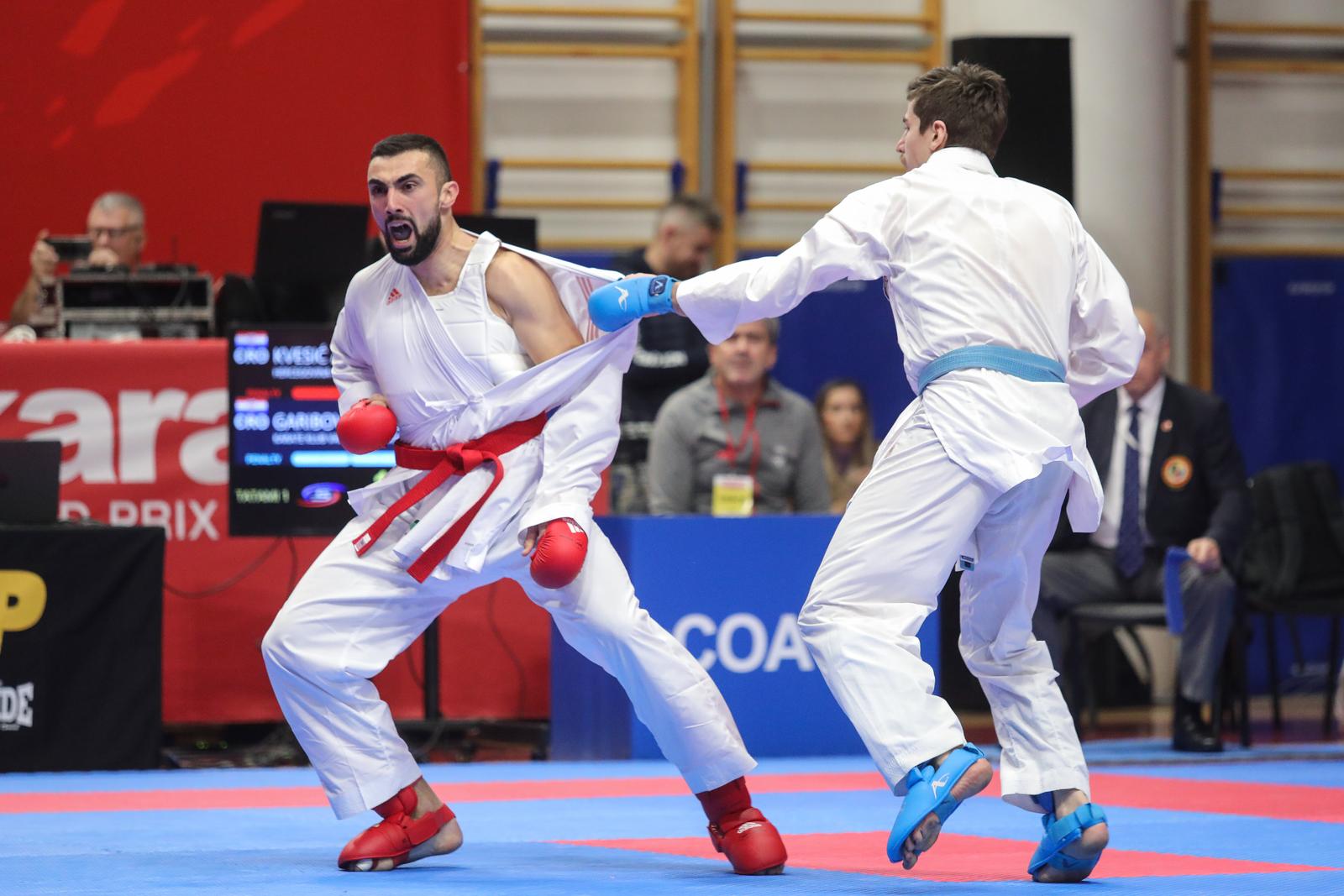 21.01.2023., Samobor - U sportskoj dvorani Samobor odrzano je 31. izdanje tradicionalnog medjunarodnog turnira Karate Grand Prix Croatia, koji je u svojem ovogodisnjem izdanju okupio vise od 1800 natjecatelja iz 24 zemlje. Andjelo Kvesic, Enes Garibovic. Photo: Tomislav Miletic/PIXSELL