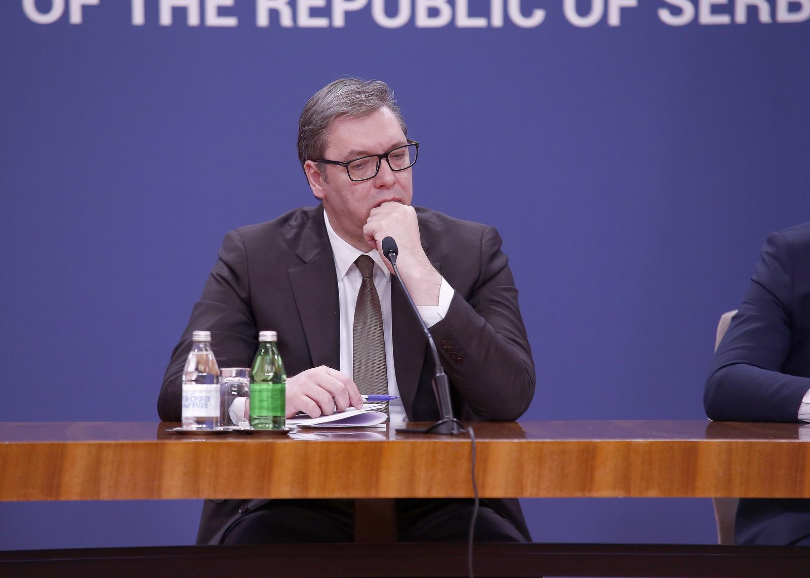 22, March, 2022, Belgrade - Address by the President of the Republic of Serbia Aleksandar Vucic and representatives of Serbs from Kosovo and Metohija, after all-day meetings after Albin Kurti rejected the proposal of the Quinte states regarding a solution for Kosovo Serbs in the upcoming elections, which further aggravated the already difficult situation in the southern Serbian province. Aleksandar Vucic. Photo: Amir Hamzagic/ATAImages

22, mart, 2022, Beograd  - Obracanje predsednik Republike Srbije Aleksandar Vucic i predstavnika Srba sa Kosova i Metohije, nakon celodnevnih sastanaka nakon sto je Aljbin Kurti odbio predlog drzava Kvinte oko resenja za glasanje kosovskih Srba na predstojecim izborima, sto je dodatno otezalo ionako tesku situaciju u juznoj srpskoj pokrajini. Photo: Amir Hamzagic/ATAImages Photo: Amir Hamzagic/ATAImages/PIXSELL