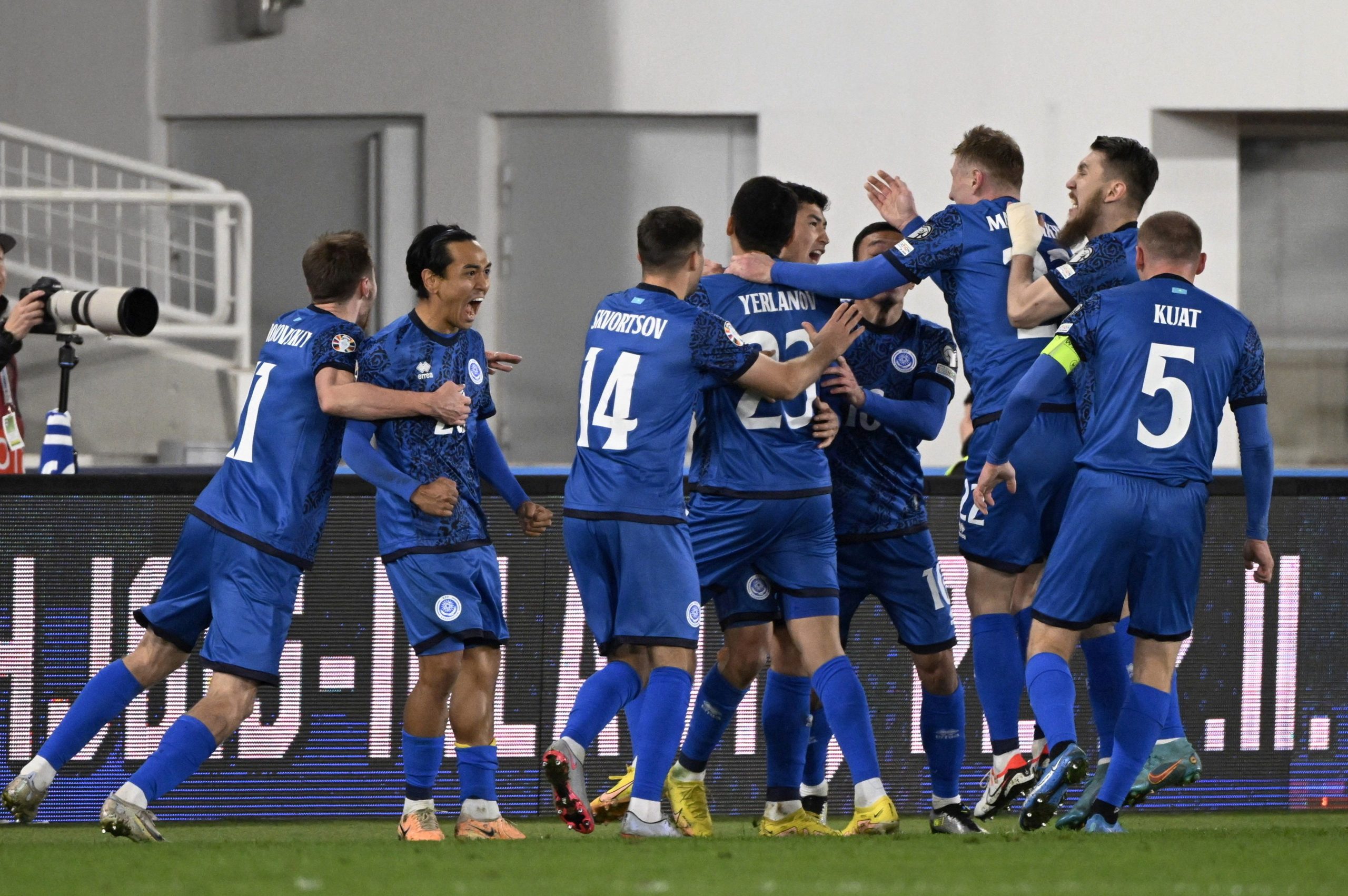 Soccer Football - Euro 2024 Qualifier - Group H - Finland v Kazakhstan - Helsinki Olympic Stadium, Helsinki, Finland - October 17, 2023 Kazakhstan's Bakhtiyor Zaynutdinov celebrates scoring their second goal with teammates Emmi Korhonen/Lehtikuva via REUTERS  ATTENTION EDITORS - THIS IMAGE WAS PROVIDED BY A THIRD PARTY. NO THIRD PARTY SALES. NOT FOR USE BY REUTERS THIRD PARTY DISTRIBUTORS. FINLAND OUT. NO COMMERCIAL OR EDITORIAL SALES IN FINLAND. Photo: LEHTIKUVA/REUTERS