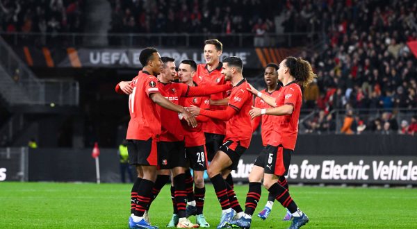 Joie des joueurs de l equipe Rennes apres le but de Fabian RIEDER  32 - Rennes  - FOOTBALL : Rennes vs Panathinaikos - Ligue Europa - 09/11/2023 FedericoPestellini/Panoramic PUBLICATIONxNOTxINxFRAxBEL