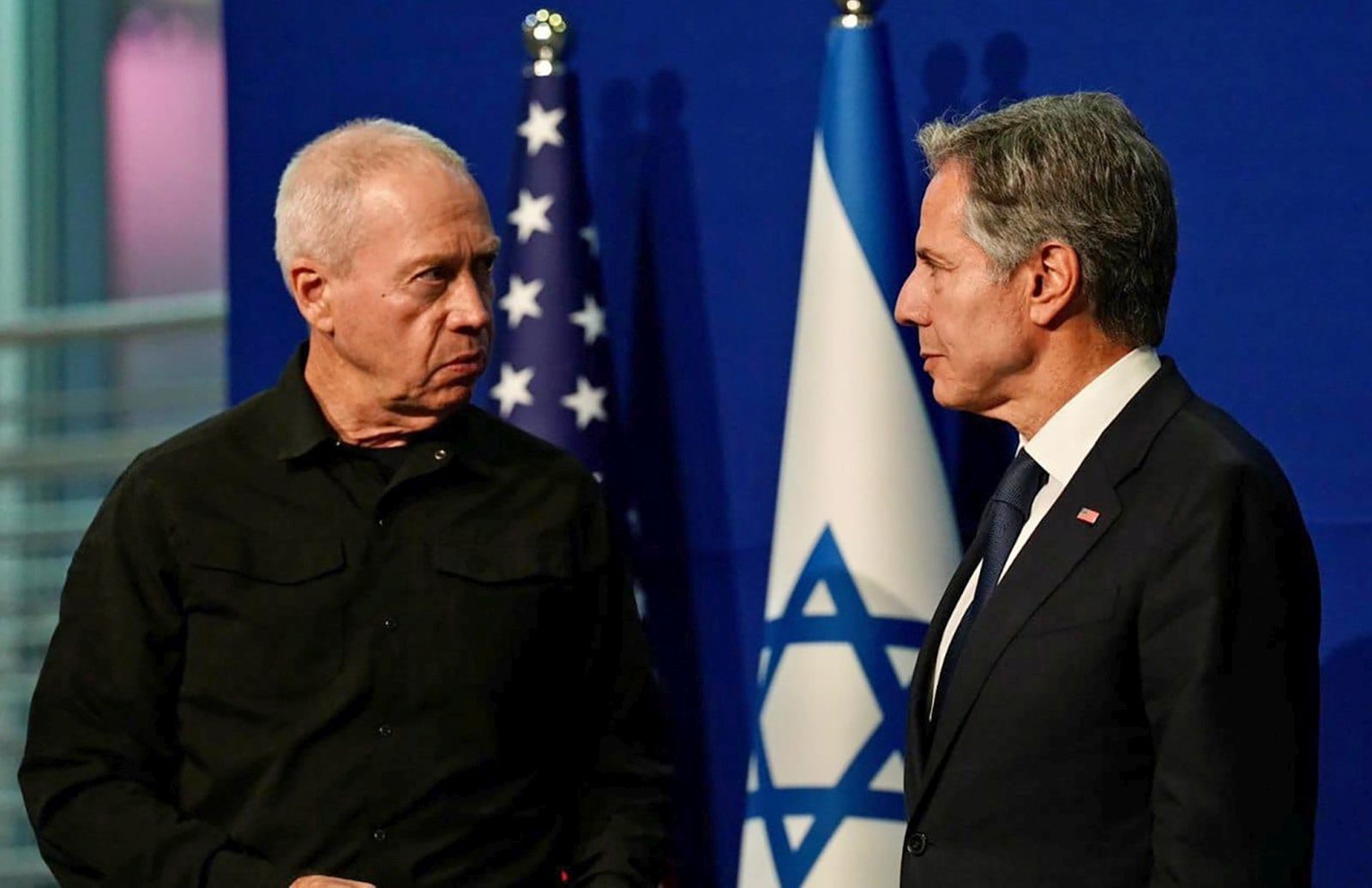 epa10922425 A handout photo made available by Israel's Ministry of Defense shows Israel's Minister of Defense Yoav Gallant (L) and US Secretary of State Antony Blinken (R) during a meeting at the Kirya, which houses the Israeli Ministry of Defense, in Tel Aviv, Israel, 16 October 2023.  EPA/Ariel Hermoni HANDOUT  HANDOUT EDITORIAL USE ONLY/NO SALES HANDOUT EDITORIAL USE ONLY/NO SALES