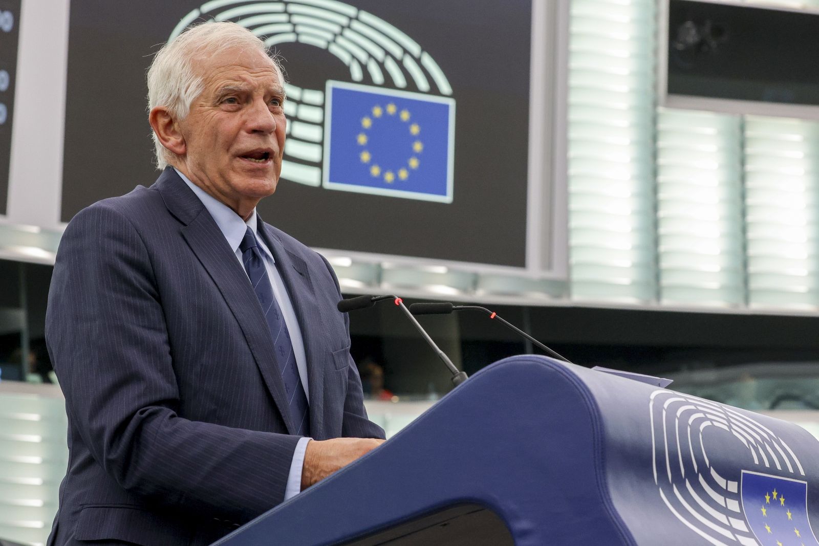 epa10925083 Josep Borrell, High Representative of the European Union for Foreign Affairs and Security Policy attends debate on 'Hamas terrorist attacks against Israel and humanitarian situation in Gaza' at the European Parliament in Strasbourg, France, 18 October 2023. The EU Parliament's session runs from 16 till 19 October.  EPA/JULIEN WARNAND