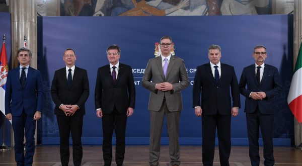 epa10930714 A handout photo made available by the Serbian Presidency shows (L-R) Italian diplomat Alessandro Cattaneo, French President's Advisor Emmanuel Bonne, European Union envoy Miroslav Lajcak, Serbian President Aleksandar Vucic, US Deputy Assistant Secretary Gabriel Escobar and German Chancellor's Advisor Jens Plettner posing for a photo ahead of their meeting in Belgrade, 21 October 2023. The envoys are visiting Kosovo and Serbia in an effort to return to the dialogue after tensions run hight between two sides following the killing of a Kosovo Albanian police officer on 24 September 2023 by 30 gunmen who later stormed the Serbian Orthodox Banjska monastery in Kosovo near the border with Serbia, starting a gunfight with Kosovo police that have left three assailants dead.  EPA/DIMITRIJE GOLL / SERBIAN PRESIDENCY / HANDOUT HANDOUT   HANDOUT EDITORIAL USE ONLY/NO SALES HANDOUT EDITORIAL USE ONLY/NO SALES HANDOUT EDITORIAL USE ONLY/NO SALES