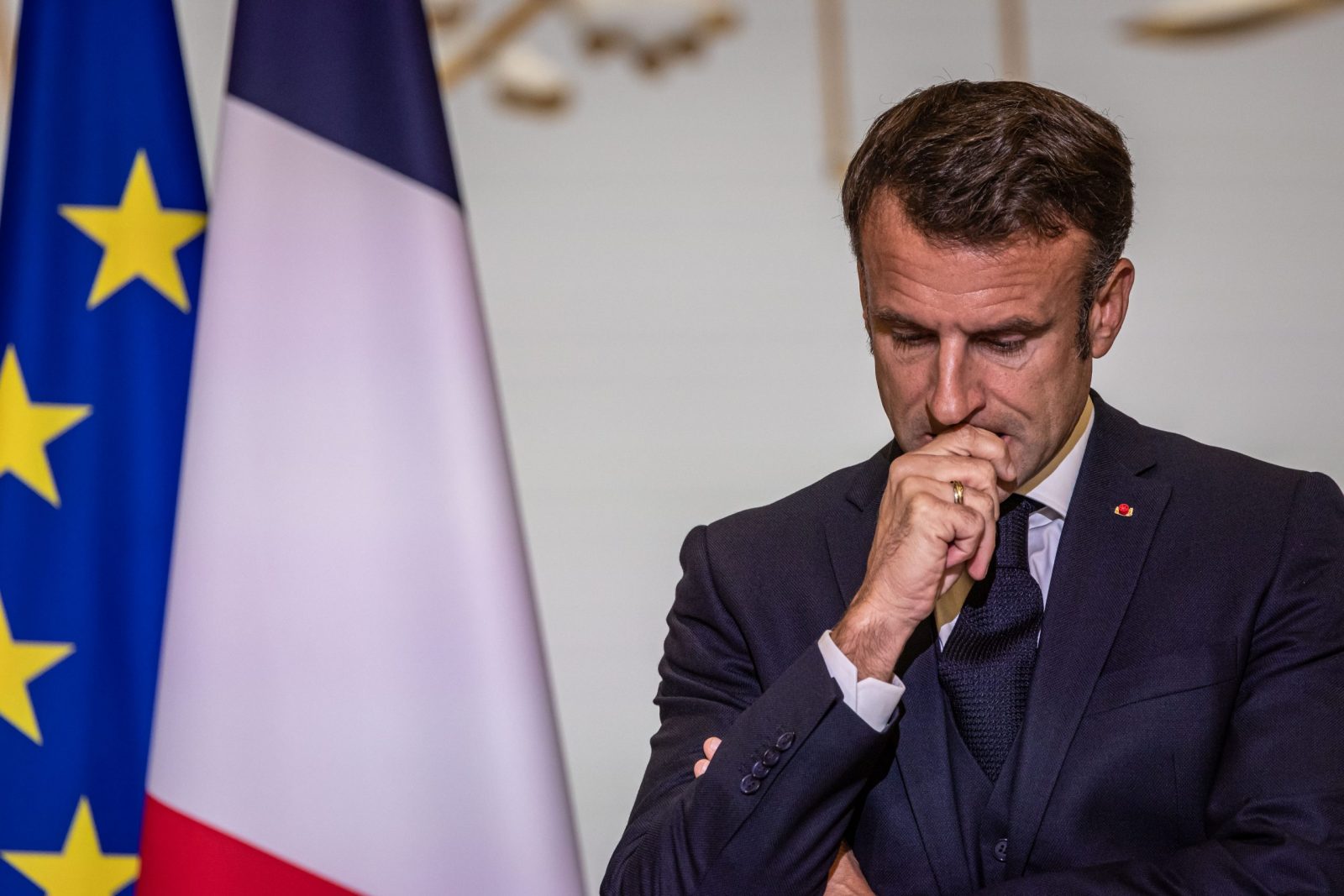 epa10934148 French President Emmanuel Macron takes part in a meeting with educators for professional integration through sports at Elysee Palace in Paris, France, 23 October 2023.  EPA/CHRISTOPHE PETIT TESSON / POOL