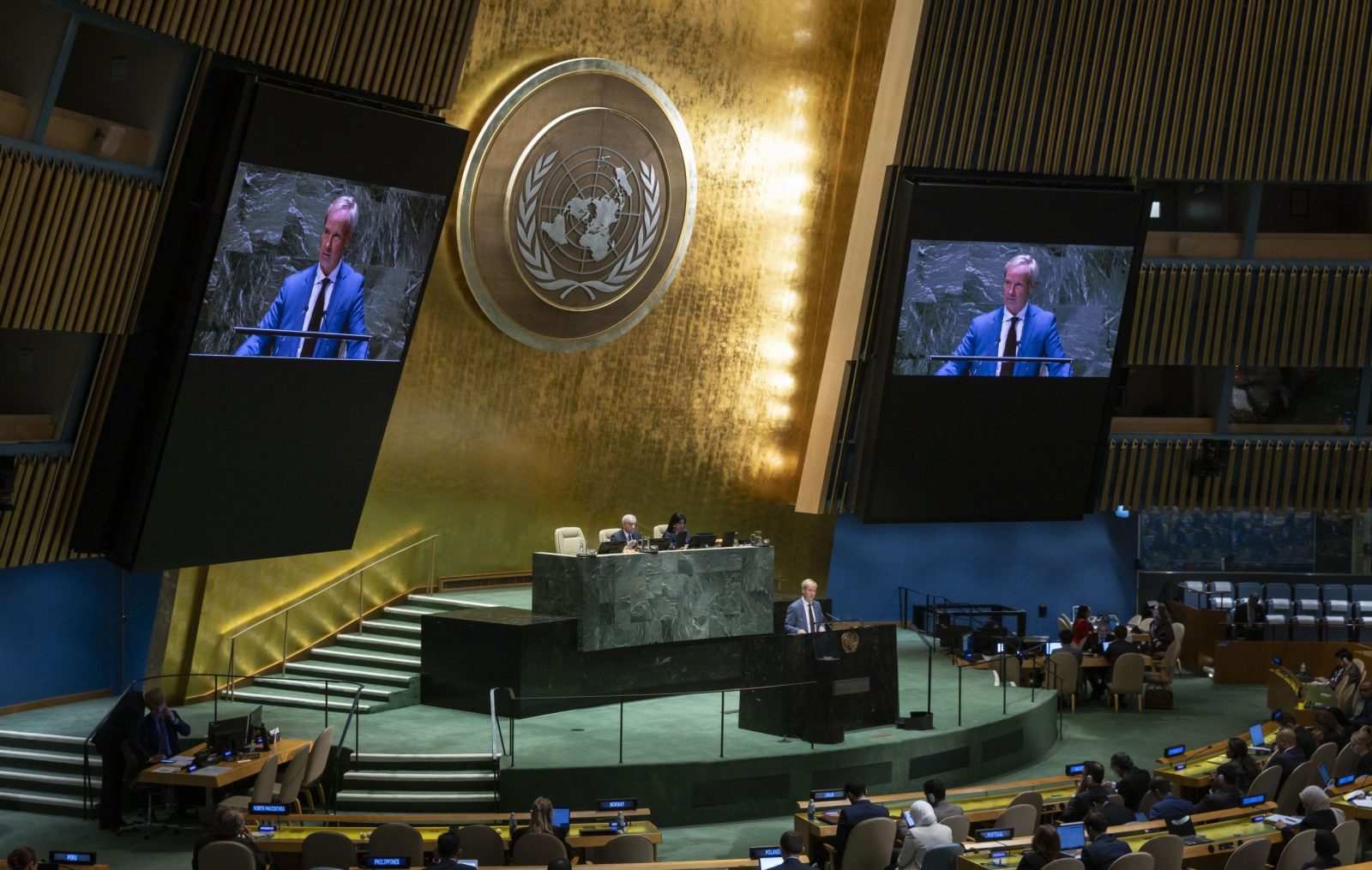 epa10943069 Ambassador Olof Skoog, Head of the European Union Delegation to the United Nations, speaks during an emergency session of the UN General Assembly called in response to the ongoing violence between Israel and Hamas in the Gaza Strip at United Nations headquarters in New York, New York, USA, 27 October 2023. More than 7,000 Palestinians and at least 1,300 Israelis have been killed, according to the Israel Defense Forces (IDF) and the Palestinian health authority, since Hamas militants launched an attack against Israel from the Gaza Strip on 07 October, and the Israeli operations in Gaza and the West Bank which followed it.  EPA/JUSTIN LANE