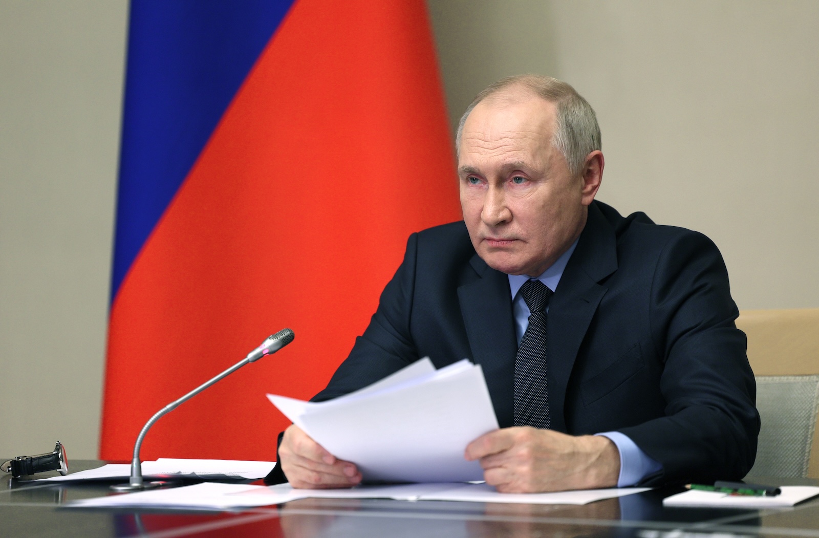 epa10949390 Russian President Vladimir Putin chairs a meeting with members of the Security Council, the Government and the leadership of law enforcement agencies at the Novo-Ogaryovo state residence outside Moscow, Russia, 30 October 2023. â€˜The events in Makhachkala last night were inspired, including through social networks, not least from the territory of Ukraine by the hands of agents of Western intelligence services. In this regard, I want to ask a question: is it possible to help Palestine by trying to attack the Tats (Mountain Jews) and their families? The Tats, by the way, are the titular nation in Dagestan,â€™ said Putin. The presidential meeting was convened in connection with the riots that occurred on October 29 at Makhachkala International Airport in Dagestan. Crowds of people gathered at the airport to prevent Israeli citizens arriving from Tel Aviv from entering the country. Protesters broke into the international terminal building and then ran onto the runway.  EPA/GAVRIIL GRIGOROV / KREMLIN POOL / POOL MANDATORY CREDIT