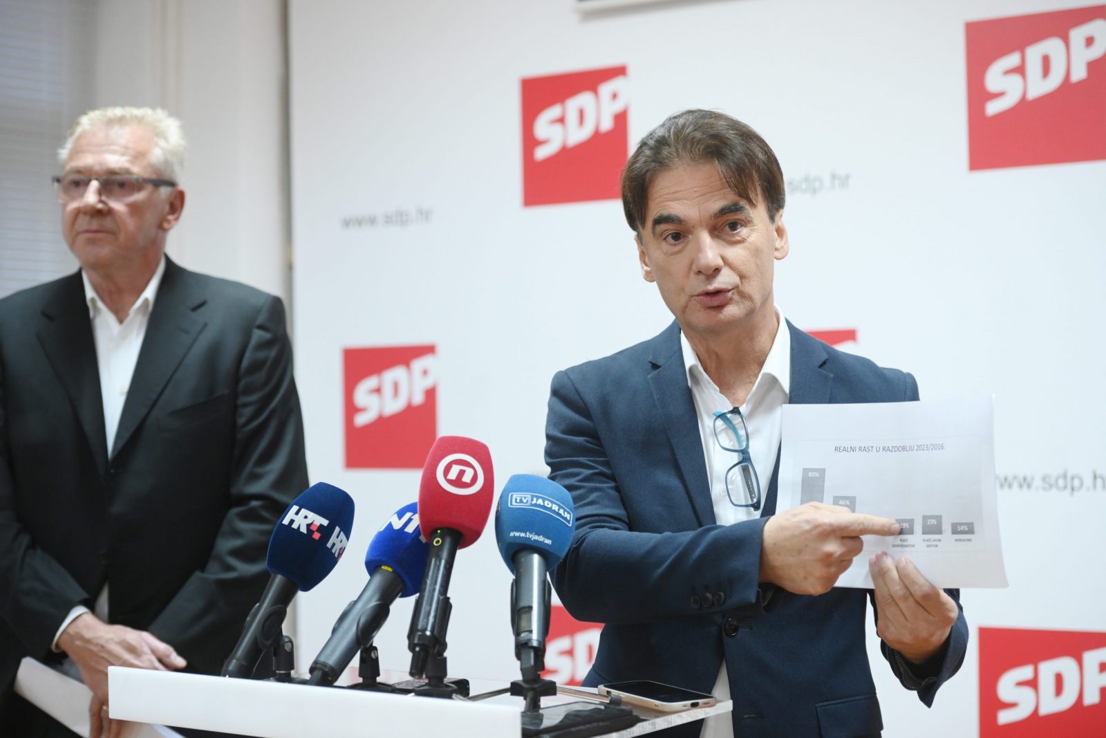 Split, 2.11.2023 -  Konferencija za medije SDP-a na temu "Mirovine i plaće vs porezi i profiti - kako povratiti socijalnu ravnotežu u Hrvatskoj”. Na slici Branko grčić, Ranko Ostojić.  foto / HINA/ Mario STRMOTIĆ/ ms