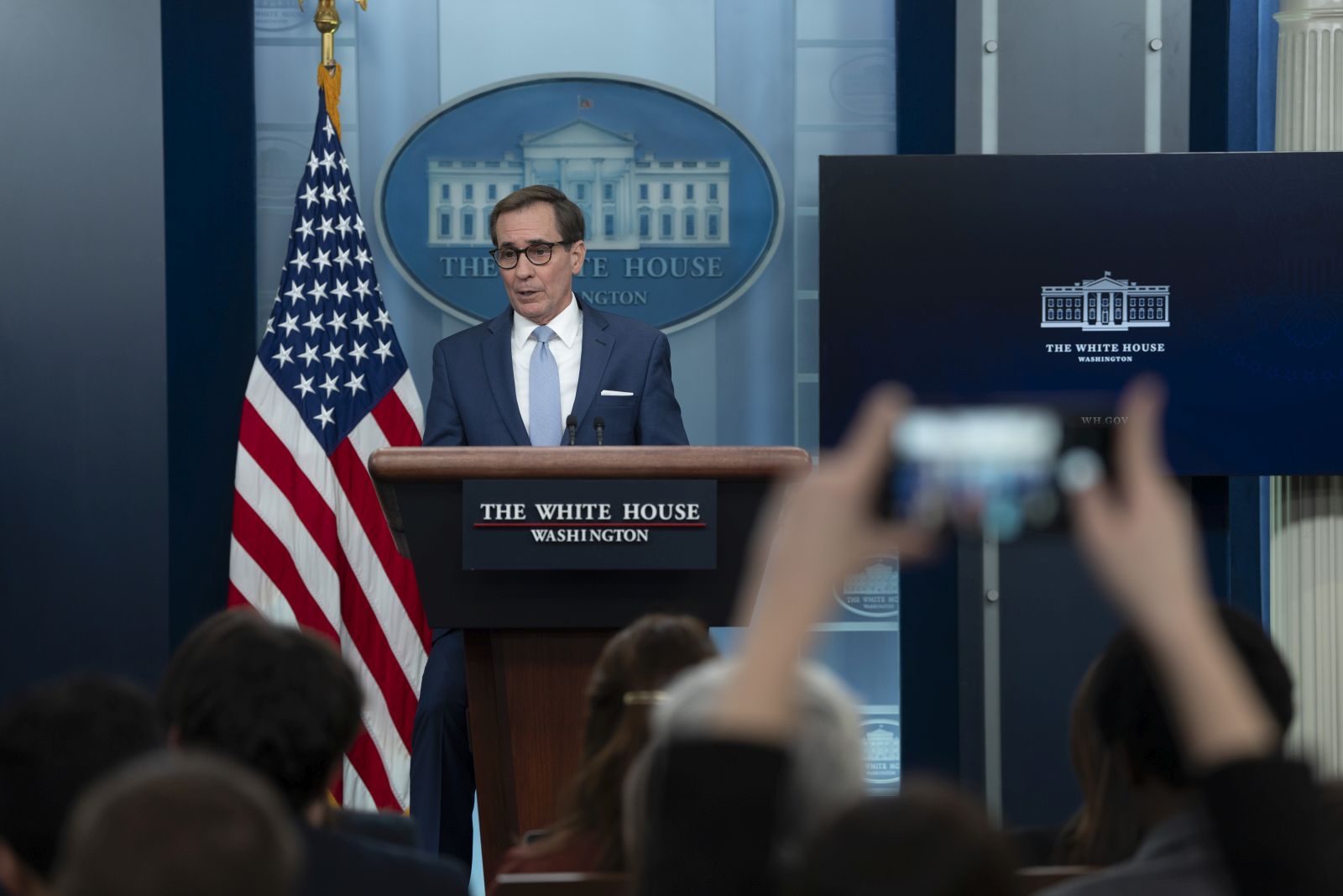 epa10955076 National Security Council Coordinator for Strategic Communications John Kirby speaks during the daily media briefing at the White House in Washington, DC, USA, 02 November 2023.  EPA/Chris Kleponis / CNP / POOL