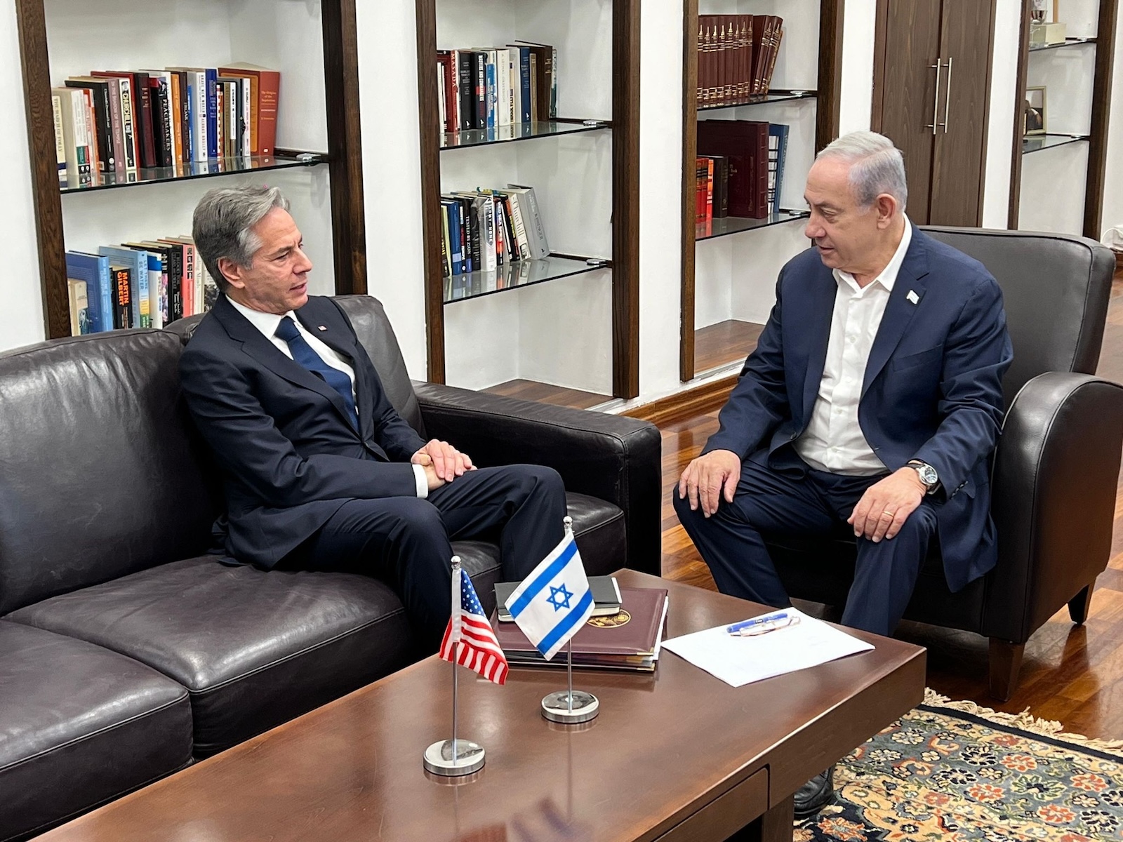 epa10955684 A handout photo made available by Israel's Government Press Office (GPO) shows Israeli Prime Minister Benjamin Netanyahu (R) and US Secretary of State Antony Blinken during a meeting in Tel Aviv, Israel, 03 November 2023. US Secretary of State Blinken arrived in Israel on 03 November, to 'reiterate US support for Israel's right to defend itself' and discuss the Israel-Palestinian conflict, including efforts to secure the immediate release of hostages and humanitarian assistance entering Gaza, the US State Department said.  EPA/GPO/AMOS BEN GERSHOM HANDOUT -- BEST QUALITY AVAILABLE --  HANDOUT EDITORIAL USE ONLY/NO SALES HANDOUT EDITORIAL USE ONLY/NO SALES