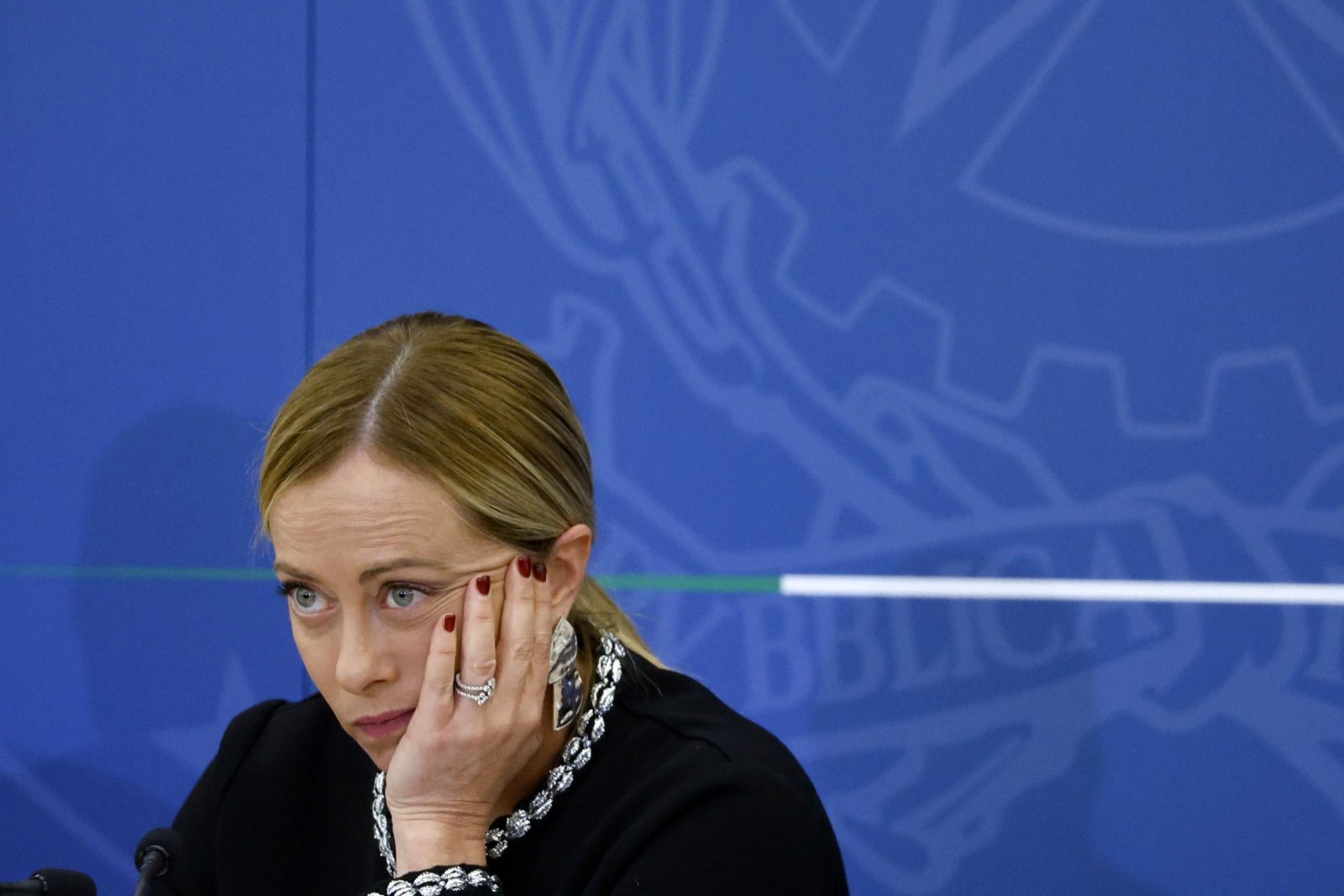 epa10956089 Italian Prime Minister Giorgia Meloni looks on during a press conference, Rome, Italy, 03 November 2023. Meloni on 03 November said the government approved a constitutional reform bill with a proposed introduction of the direct election of the premier, describing the plan as 'the mother of all reforms'.  EPA/FABIO FRUSTACI